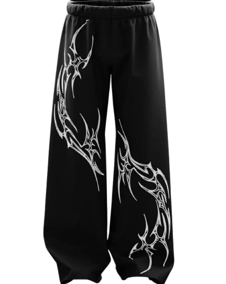 Image of Men's Loose Fit Track Pant, Black with White Tribal Print, Elastic Waist, for Gym, Street Style & Casual Wear
