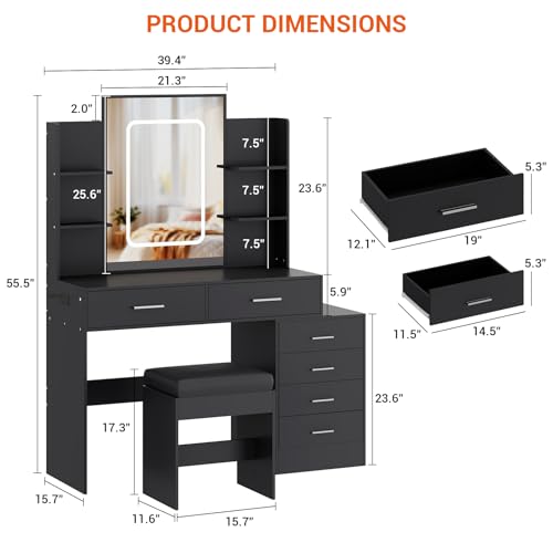 GAOMON Vanity Desk with Light, Makeup Vanity Set with 6 Drawers and Shelves, White Vanity with Charging Station, Vanity with Stool & 3 Lighting Color Adjustable