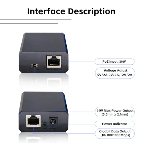 Image of 2-Pack, 24W 802.3at Gigabit PoE+ Splitter to 5V /9V / /12V, (5.5mm x 2.1mm) or Micro USB Power Adapter for Raspberry Pi 2 /3B+, Tablets, Security Cameras (with 6pcs Cables)