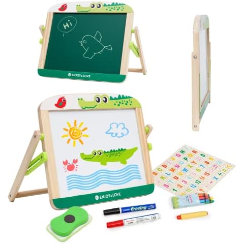 Wooden Kids Easel Foldable Mini Easel Desktop Drawing Board Double-Sided Whiteboard & Chalkboard Wooden Tabletop Art Easel with Letters and Numbers Board for Boys Girls 3 4 5 6 7 8 Years(Crocodile) Cover