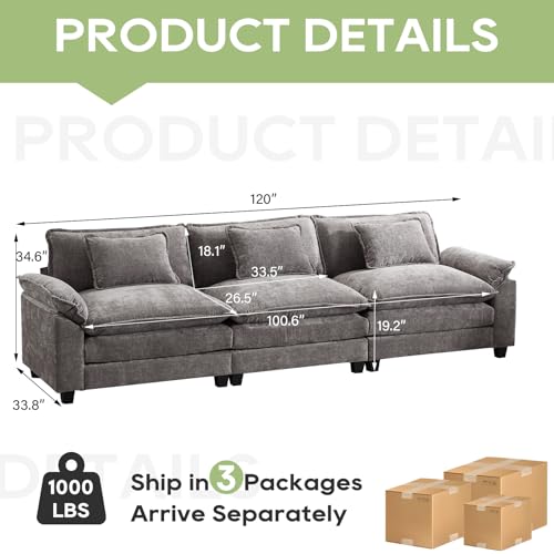 Image of Oprisen 120 inch Modular Sectional Sofa, Comfy Cloud Couch Sectional Sofa, Chenille Sofa Sleeper Deep Seat Sofa with Throw Pillows for Living Room (Light Gray, 120 inch- 3 Seater)