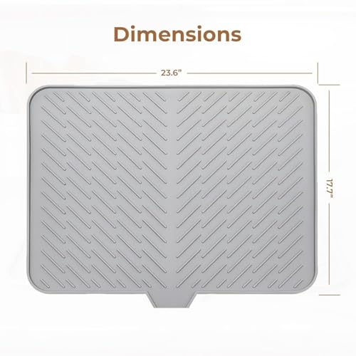 Image of CooRug Silicone Dish Drying Mat for Kitchen - Built-in Drain Lip | Hygienic Drying Pad - Sturdy Compact Easy to Clean Tray Protects Surfaces Prevents Water Build Up - 23 X 17 Inches (Grey)