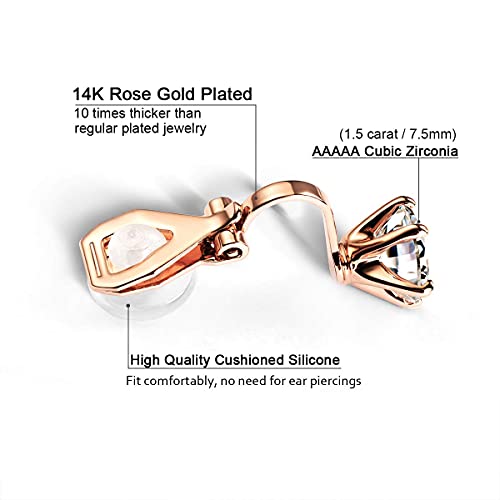 14K Rose Gold Plated 1.5 Carat Cz Clip-On Earrings - 7.5Mm Round Cut Simulated Diamond Clip-Ons #TOP1