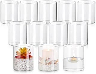 Glasseam Hurricane Glass Candle Holder Set 12, Cylinder Floating Candle Holders for Pillar Candles, Pillar Candle Holder Small Vases for Flowers, Clear Candleholders for Wedding Table Centrepiece