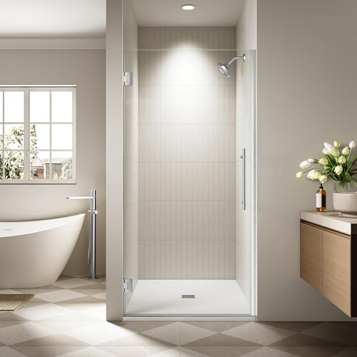 33.6-33.8' x 72' Frameless Hinged Shower Door, Single Swing Shower Panel with 5/16” (8mm) Tempered Glass, 180° in & Out Opening, 5mm Adjustable for Non-Vertical Walls (Brushed Nickel, 33.8' x 72')