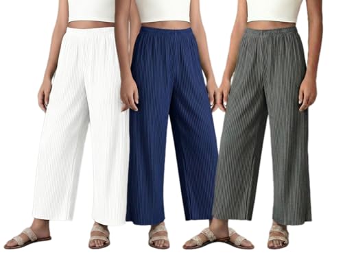 Image of Set of Combo Trouser and Pants for Girls and Women's Relaxed Fit Stretchable Regular Fit Palazzos Lightweight Elastic Waistband Bottoms for Daliy Office & Casual Wear