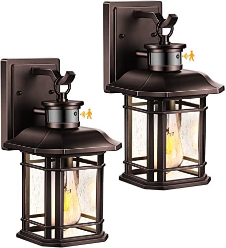 VIANIS 2 Packs Motion Sensor Outdoor Lights, Oil Rubbed Bronze Wall Light Fixtures, Dusk to Dawn Outdoor Lighting Sconce, Anti-RustSeed Glass Garage Light Lantern, ORB Porch Lights for House