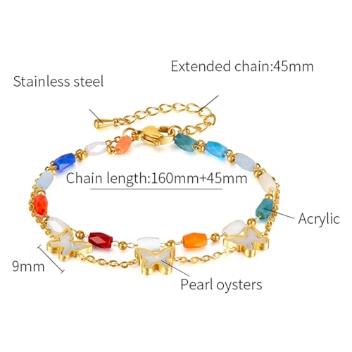 Image of Fashion Stainless Steel Acrylic Bead Butterfly Charm Chain Bracelet Double Layer Stack Adjustable Link Bracelet(Gold)