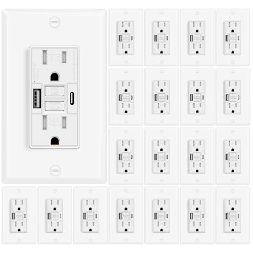 15A GFCI Outlet with USB A+C Ports (20 Pack) - Tamper-Resistant Self-Test GFI Electrical Outlet, ETL Listed, White
