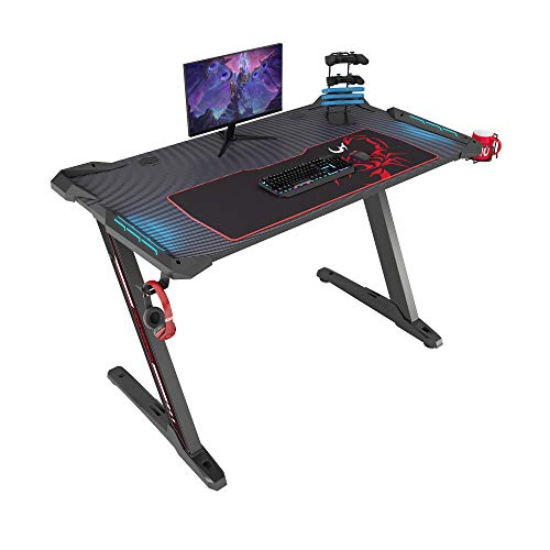 DESIGNA Gaming Desk with LED Lights, 44.5 inch Computer Desk Z-Shaped with Mouse Pad, Handle Rack, Cup Holder, Headphone Hook, Black