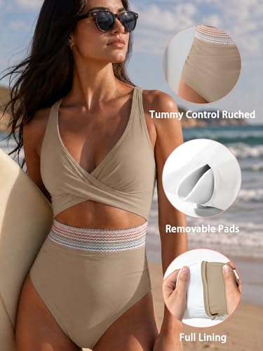 Image of B2prity Women's One Piece Swimsuit Tummy Control High Waisted Bathing Suit | Color Block,Removable Soft Cups,Cutout,V neck,Full Coverage,Adjustable Criss Cross Straps,Tie Back