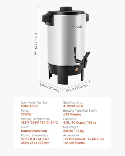 Image of VEVOR Commercial Coffee Urn, 30 Cup 4.5 L Hot Beverage Dispenser with Dripless Faucet, Quick-Brewing Commercial Coffee Maker, Automatic Temperature Control, for Catering, Party, Church & Restaurant