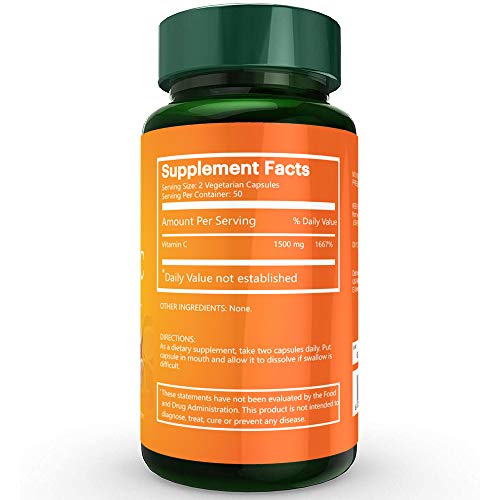 Na'trition Pure Vitamin C Vegetarian Capsules 1500Mg Per Serving, Organic Immune System Support And Antioxidant Supplement | Non-Gmo And Gluten Free | 50 Day Supply #TOP1