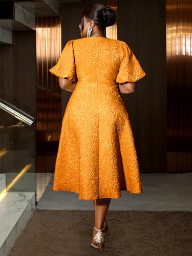 Image of AOMEI Women's Irregular Neck with Flower Short Puff Sleeve High Waist A-Line Jacquard Dress