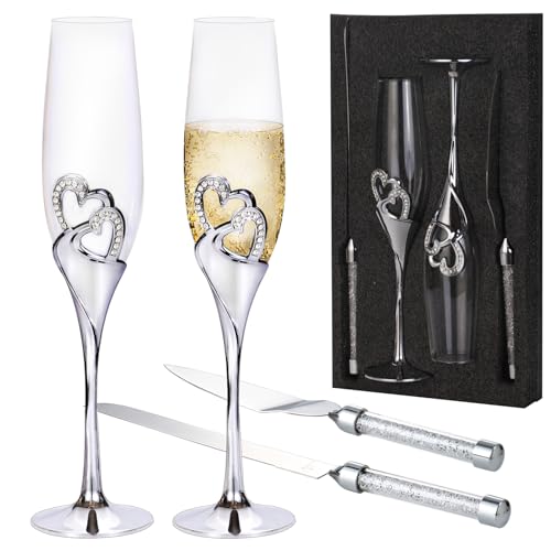 4 Piece Champagne Flutes and Cake Knife Server Set, Bride and Groom Toasting Flutes with Cake Cutting Set, Diamond Champagne Glasses Set for Wedding Reception Anniversary Party House Warming, Silver