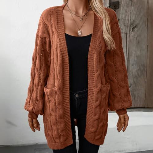 Image of Womens Cable Knit Long Sleeve Open Front Cardigan with Pockets, Mid Length Long Cardigans for Women Lightweight