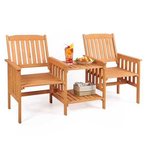 Panana Wooden Outdoor Loveseat Solid Wood Patio Companion Chair with 2 Tier Coffee Table & Built-in Parasol Hole Love Seat Bench Furniture Garden Balcony Conservatory