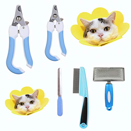 Kitten Small Cat Grooming Kit Slicker Brush Shedding, Dog Claw Care Nail Clippers and Trimmer, Stainless Steel Shedding Comb, Recovery Collars 2 sizes Kitty Small Dog Cat Grooming Tool Set 7 Packs