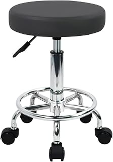 WKWKER Rolling Stool with Footrest - PU Leather, Height Adjustable 19.3-25.4", 360° Swivel, Metal Base for Salon, Spa, Office, Home (Grey)
