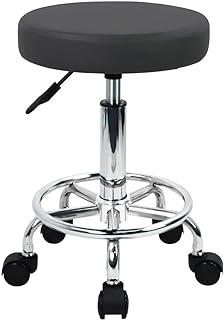 WKWKER Round Rolling Stool with Footrest PU Leather Height Adjustable 360° Swivel Stool with Wheels Office Stool Chair Home Drafting Work Studio Shop SPA Salon Small (Grey)