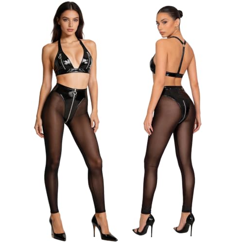 Ensembles soutien-gorge halter et pantalons collants ajustés en similicuir