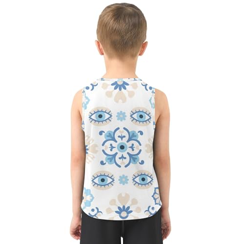 JUNZAN Evil Eyes White Blue Boys Tank Top Sleeveless Kids Vest Youth Boy Muscle Shirts for Basketball Sports Beach 3T3