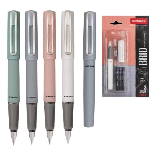 Image of Unomax Brio Fountain Pen| Stainless Steel Nib With Iridium Tip| Designer Metal Clip| Multicolor Body| 3 Jumbo Ink Cartridges & 1 Ink Converter Included| Blue Ink| Pack of 2