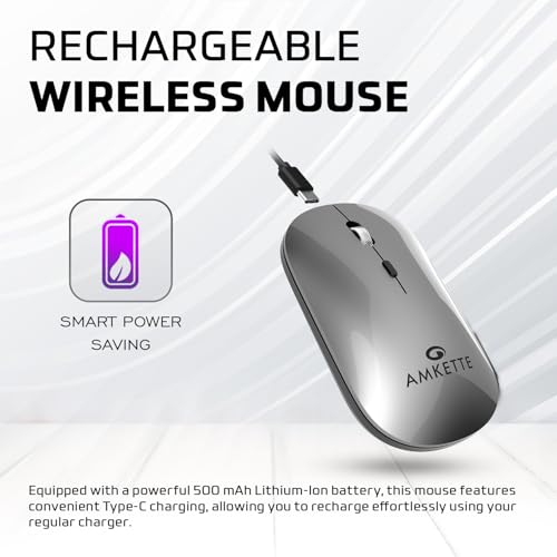Image of Amkette Hush Pro Epic LP Rechargeable Wireless Mouse /Bluetooth Mouse | Multi-Device Connectivity with 2.4 GHz & 2X BT, Silent Switches, Slim & Lightweight Travel-Friendly Design, Upto 3200 DPI (Grey)