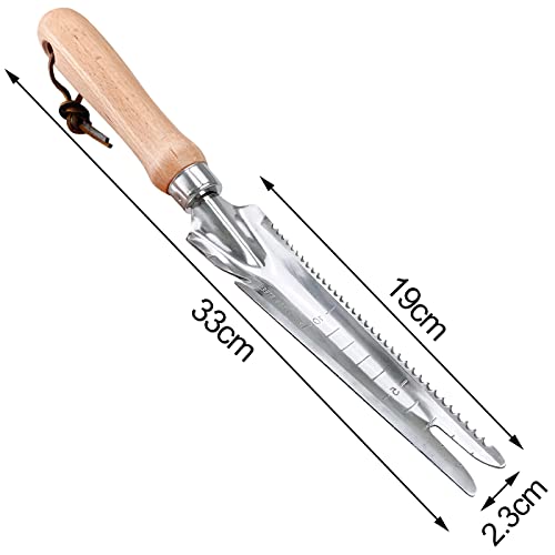 Foto von Lanfly Manueller Unkrautjäter mit Holzgriff, Edelstahl-Unkrautjäter mit Maß, Mähwerkzeug, Unkrautstecher, Unkrautschaufel für Garten, Umstoßen, Umpflanzen, Jäten, Entwurzeln