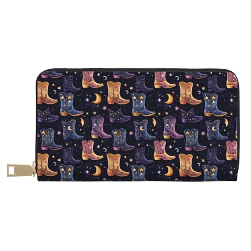 Leather Thin Slim Wallets for Women Men - Fashion Stars Moon Cowboy Boots Print Card Wallet Holder with Zipper