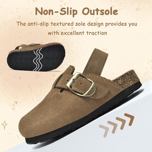 Image of Kids Suede Clogs Boys Girls Mules Cork Genuine Leather Sandals with Adjustable Buckle Slippers Potato Shoe Indoor Outdoor Slip On Slide for Big Kids
