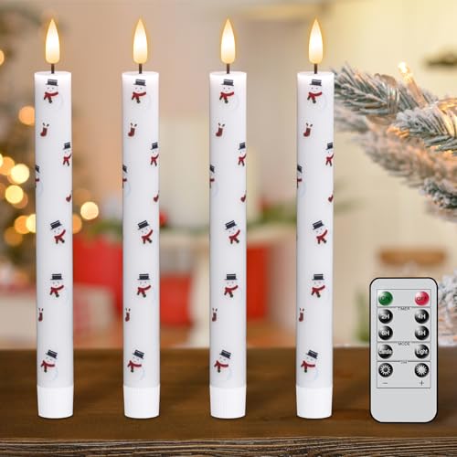 Image of Eldnacele Christmas Taper Flameless Candles with Remote and Timer, Battery Operated 3D Wick Flickering Snowman Decal Candle Real Wax LED Candles Dinner Indoor Holiday Xmas Decor(4Pcs,0.78 inchx9.6 inch