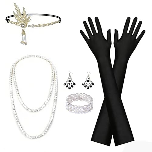Aomig 1920 Accessories, 6 Pièces 1920s Accessoires de Déguisement, Costume Set Headband, Collier, Long Gants, Boucles d'oreilles, Great Bague Accessoires pour Les Fêtes, Femme Halloween Christmas
