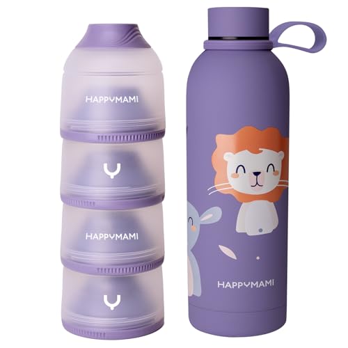Happymami Unterwegs-Set: Baby-Thermosflasche 500ml & Milchpulver-Portionierer - Baby Erstausstattung - Auslaufsicheres Fütterungsset BPA-frei & Warmhaltend (Seidenviolett)