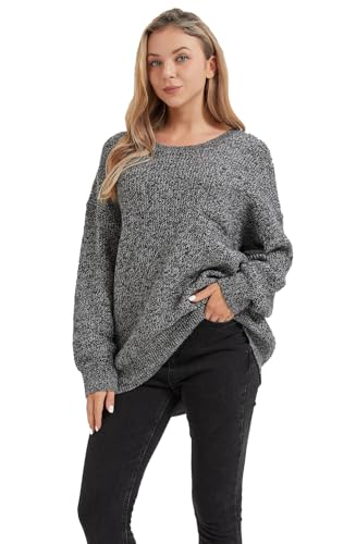 Women's Casual Unbalanced Crew Neck Knit Sweater Loose Pullover Cardigan Grey Medium
