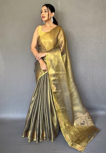 Image of SWORNOF Gold-Toned Woven Design Silk Zari Tissue Saree | Saree for Women | Soft and Skin Friendly