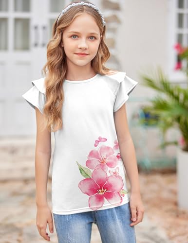 Image of Girls T Shirts Ruffle Short Sleeve Round Neck Loose Blouse Summer Solid Color Casual Girl Tee Tops for 3-12 Years