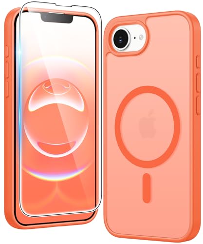 Image of FNTCASE for iPhone 17e & iPhone 16e Case Matte: Magnetic Phone Cases with Screen Protector Drop Proof Compatible with Magsafe Slim Anti Yellowing Protective Translucent Cell Phone Cover (C-Orange)