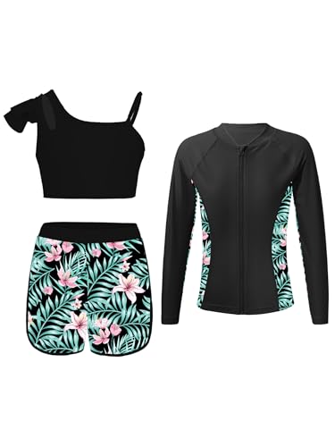 Hedmy Girls Three Pieces Rash Guard Set with Zip-up Swim Top with Bikini Tops and Swim Shorts Set Summer Beachwear