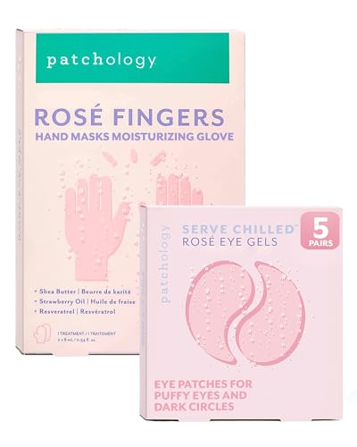 Patchology Rosé All Day Bundle - Renewing Under Eye Patches for Wrinkles & Dark Circles (5 Pairs) and Hydrating Hand Mask for Dry Skin (1 Pair) - Infused with Shea Butter & Strawberry Oil