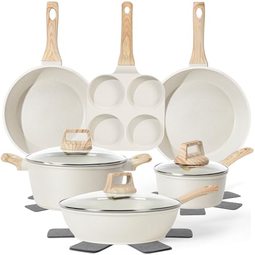 Image of SODAY Pots and Pans Set Non Stick, 13Pcs White Granite Induction Cookware | PFAS /PFOA /PFOS Free Nonstick Kitchen Cookware Sets, with Eggs Pan, Fry Pans & Saucepans