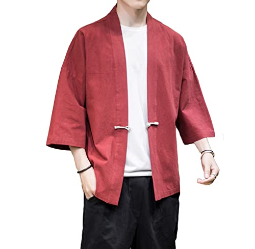 Image of Mens Kimono Cardigan Cotton Linen Japanese Shirt 3 /4 Sleeve Haori Yukata | Skin-Friendly Solid Color Lightweight Shawl Collar Kimono Robe Embroidery Button Tie Pockets Happi Coat All Season Daily Wear