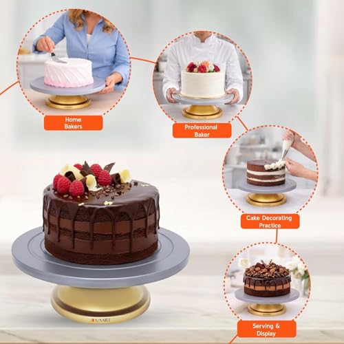 Image of LUXART 12 Inch Cake Turntable Stand | 360 Smooth Rotating Cake Rotator | Food-Grade BPA-Free Cake Decorating Stand | Anti-Slip Base | Silver Top with Golden Bottom | Baking Tool for Home & Kitchen