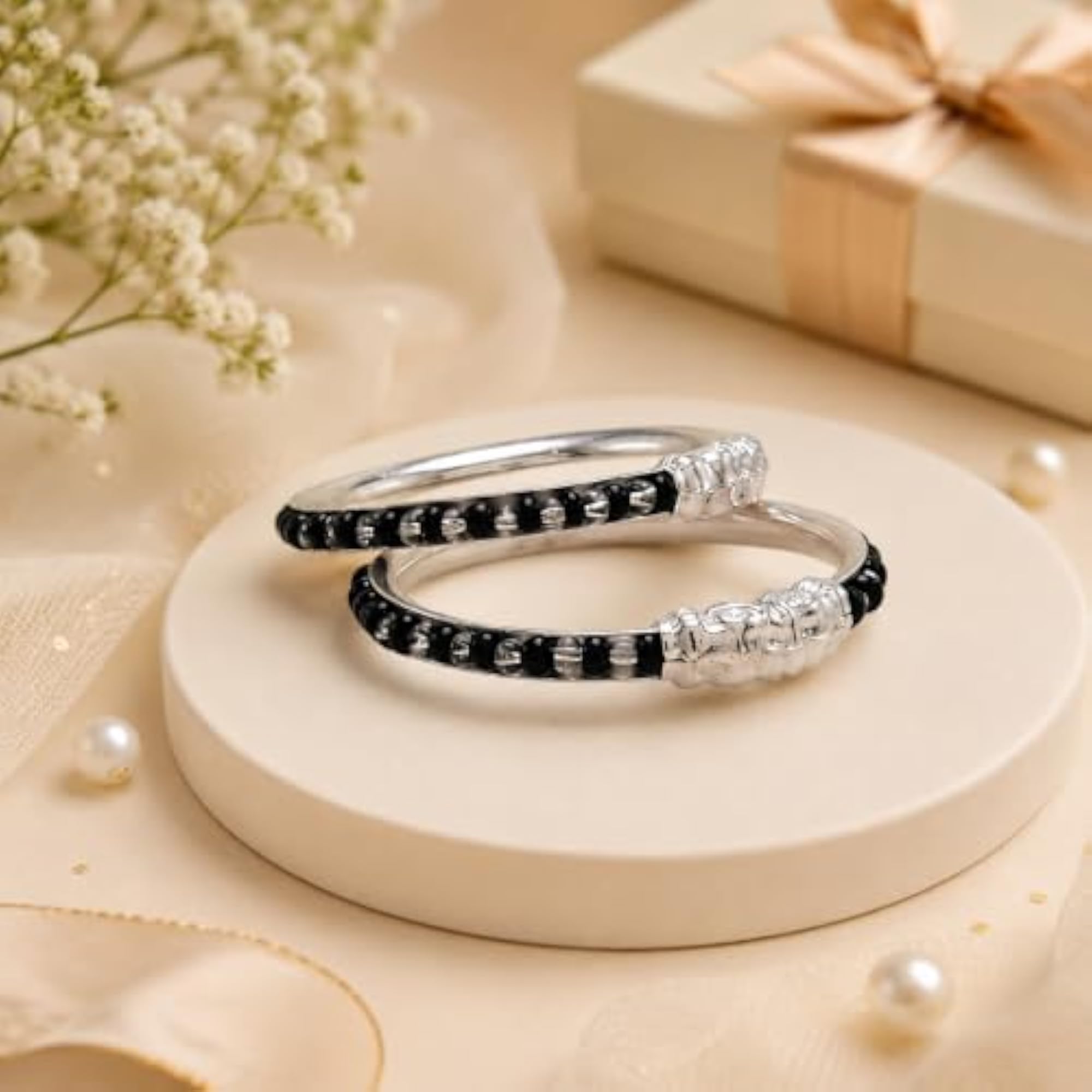 Sterling Silver Baby Nazariya Kada, Black Bead Bangle