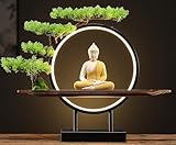 Houlu Yellow Buddha Statue with Green Artificial Tree and LED Circle Table Lamp, Indoor Ceramic Buddha Statues for Home Decor, 16.5 in