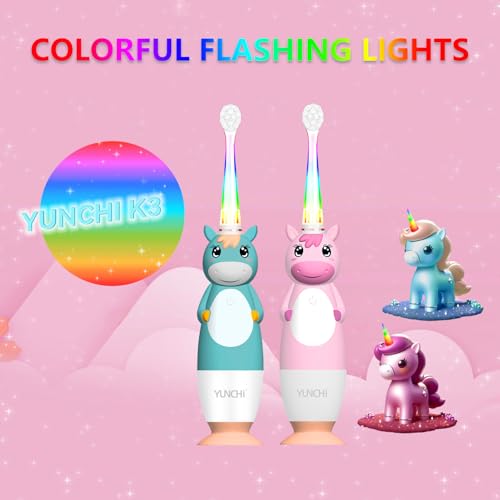 YUNCHI K3 Elektrische Zahnbürste Kinder ab 0-6 Jahre Baby mit buntem LED Licht Smart Timer Kinderzahnbürste Elektrisch Kleinkind Schallzahnbürste mit 4 Weiche Bürstenköpfe (Rosa Einhorn) – Bild 3