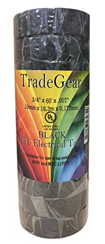 Tradegear Electrical Tape Black Matte – 10 Pk Waterproof, Flame Retardant, Strong Rubber Based Adhesive, Ul Listed – Rated For Max. 600V And 80Oc Use – Measures 60’ X 3/4" X 0.07" #TOP6