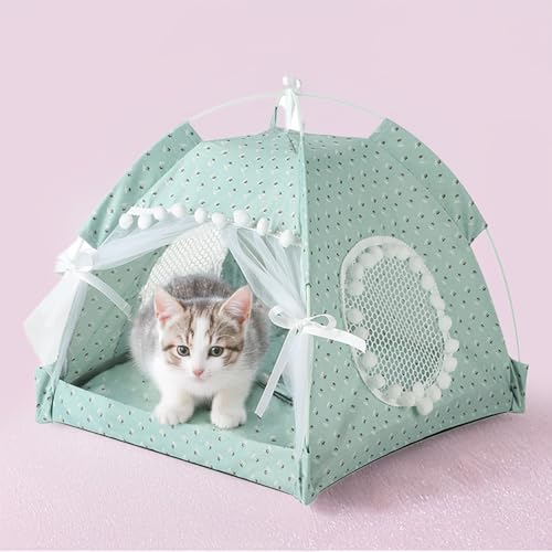 Cat Princess Tent Bed House Pet Tent for Indoor Cats with Soft Mat Kitten Cute Tent Indoor Cave Nest Bed (Green1,L(19.7IN*19.7IN))