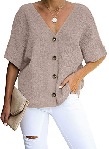 ROSKIKI Women's Button Down V Neck Tops Loose Casual Short Sleeve Shirts Blouses Apricot S