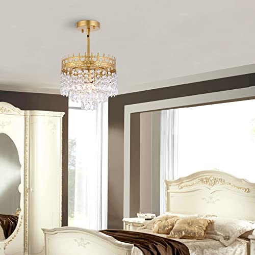 Gold Chandelier Light Fixture Crystal Chandeliers Hallway Light 10.5" Classic Crown Ceiling Light Fixture For Dining Room,Bedroom,Foyer,Hallway,Entryway,Balcony Kitchen(Adjustable Height) #TOP4